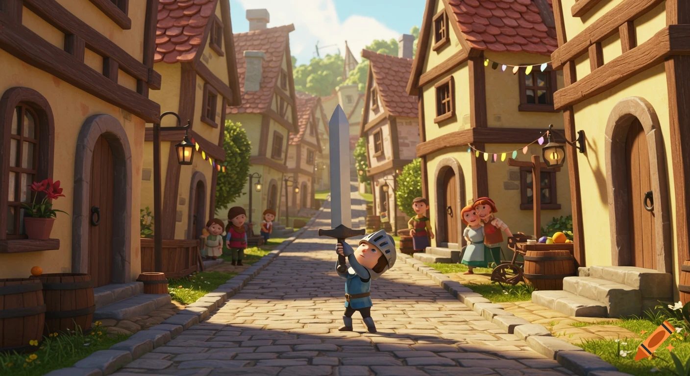 Pixar-style animation: A tiny knight struggles with an oversized sword on a sunny medieval village street with smiling villagers.
