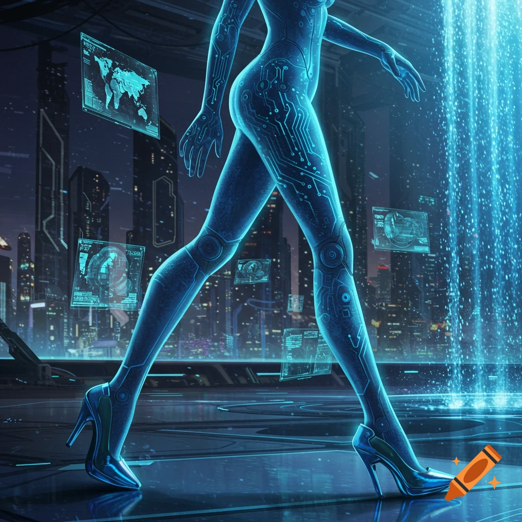 A glowing blue, circuit-patterned humanoid in high heels walks through a futuristic city with holographic displays.