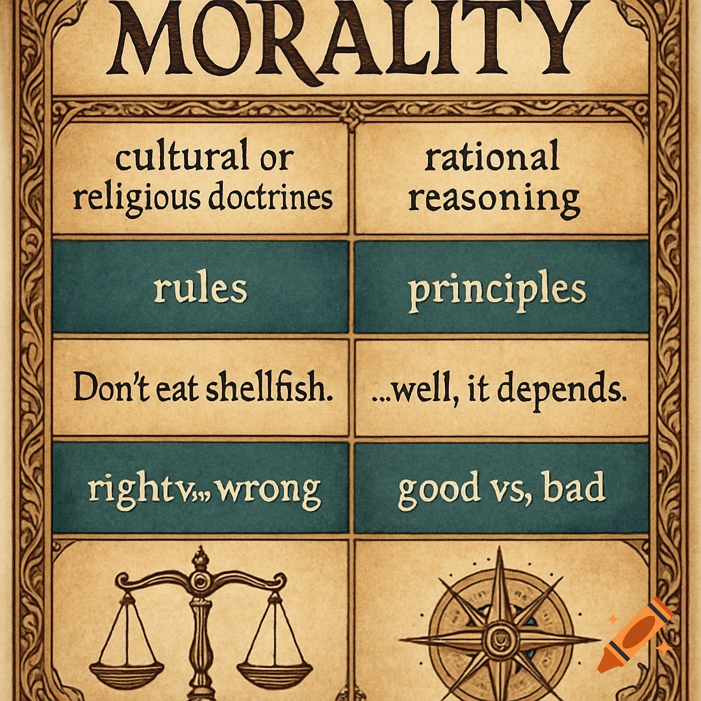 Vintage-style chart comparing 'Morality' and 'rational reasoning' with examples, a scale, and a compass rose.