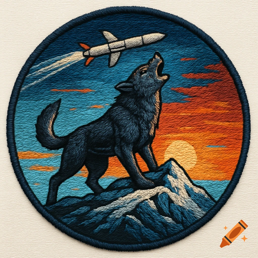 Embroidered patch of a dark direwolf howling on a snowy mountain, with a cruise missile flying across a vibrant sunset sky.