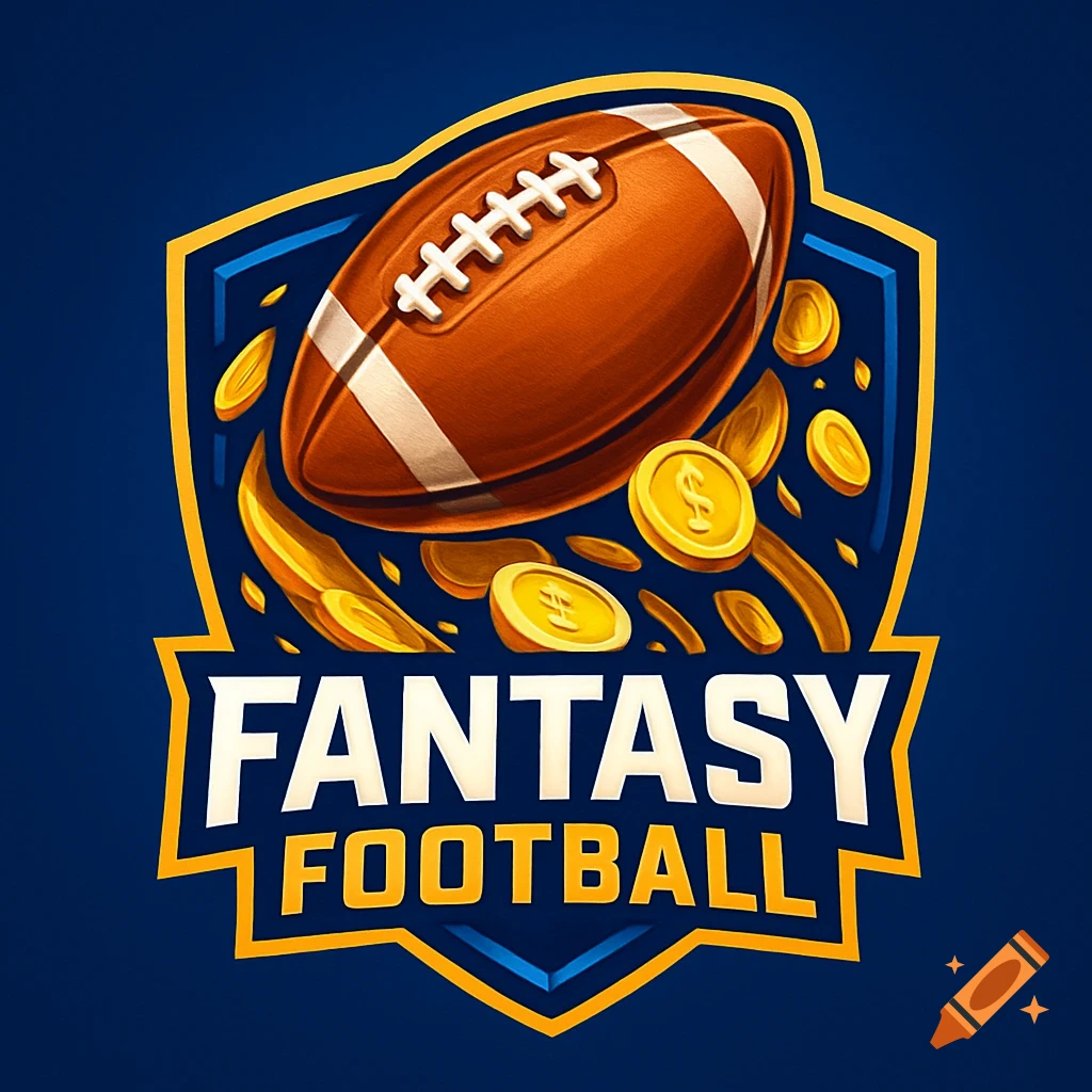 A vibrant fantasy football logo featuring a brown football, golden coins, and the text 'FANTASY FOOTBALL' on a blue and gold shield emblem.