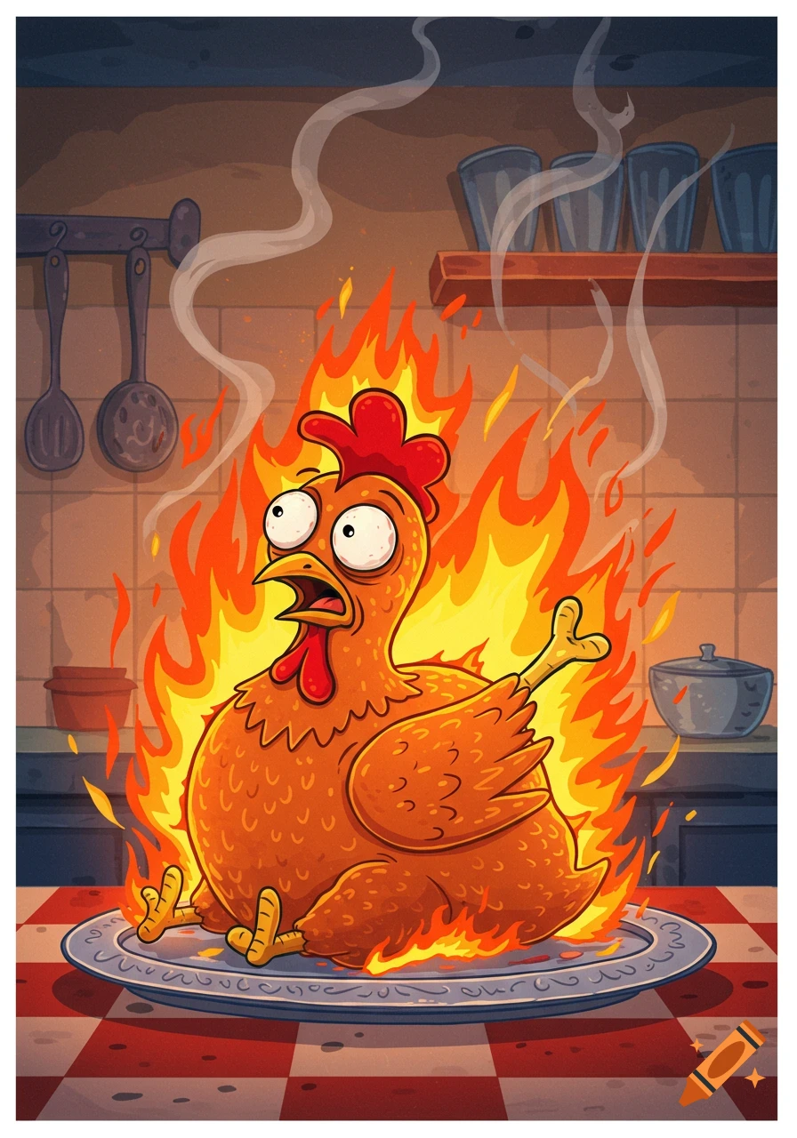A wide-eyed cartoon chicken sits on a plate engulfed in flames in a kitchen.