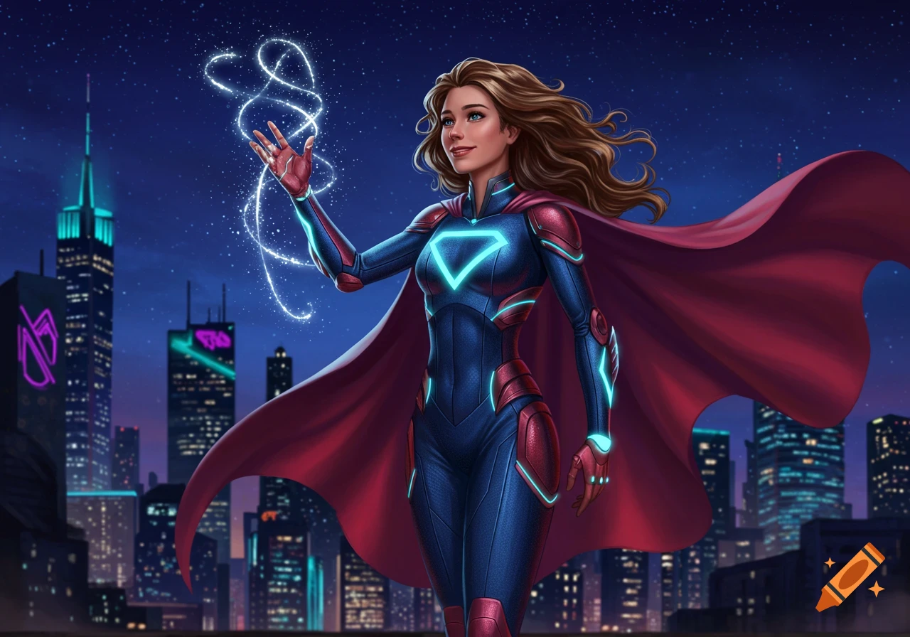 A female superhero in a blue and red suit with glowing accents stands on a rooftop, casting magic over a futuristic city at night.