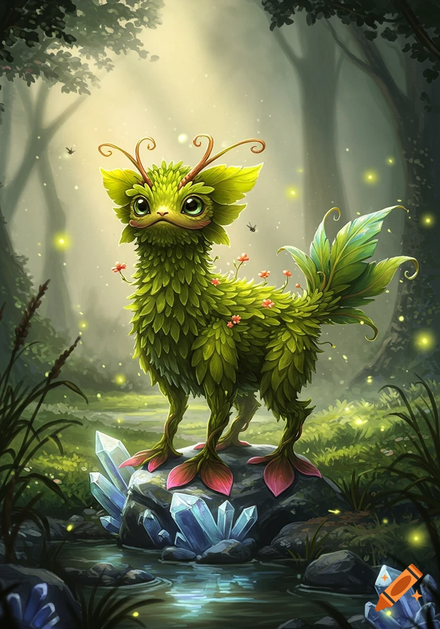 A cute, leaf-covered fantasy creature with big eyes and small red flowers stands on a crystal-laden rock in a magical, misty forest.