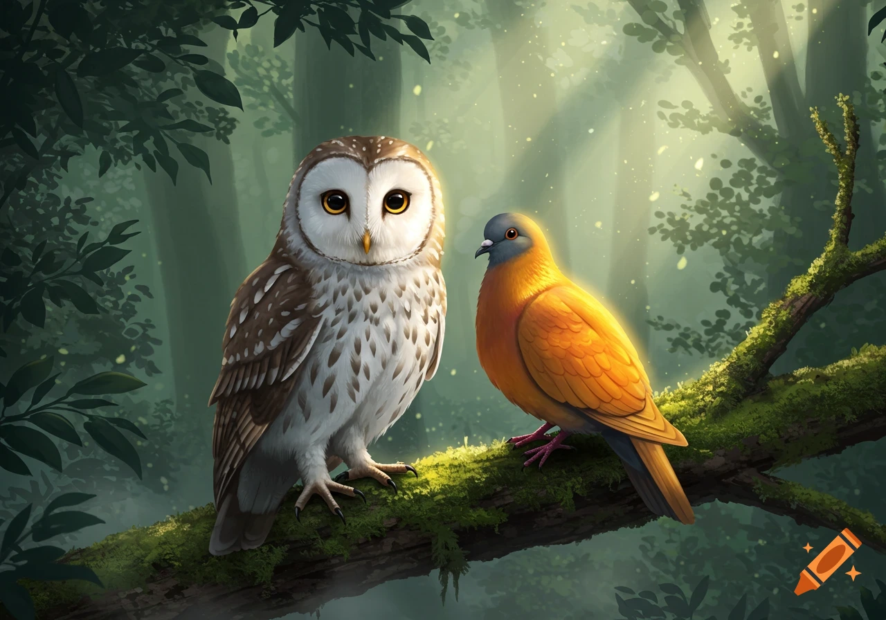 A stylized owl and a golden pigeon sit on a mossy branch in a sunlit forest.