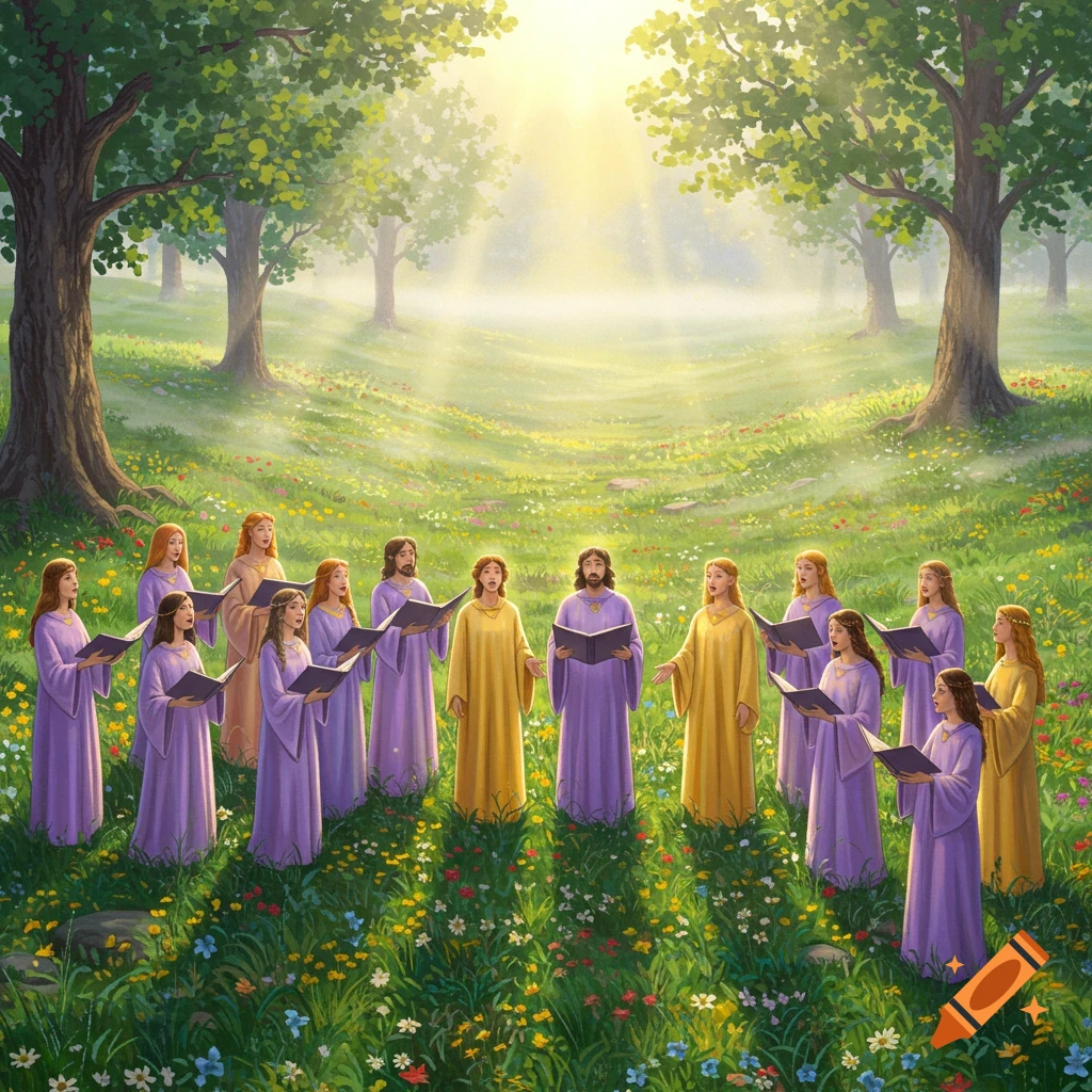 A choir of men and women in purple and gold robes sing from songbooks in a sunlit, wildflower-filled forest clearing.