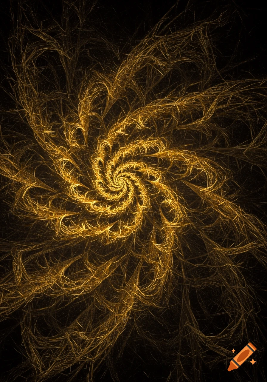 Abstract golden fractal spiral of glowing, thin lines on a black background.
