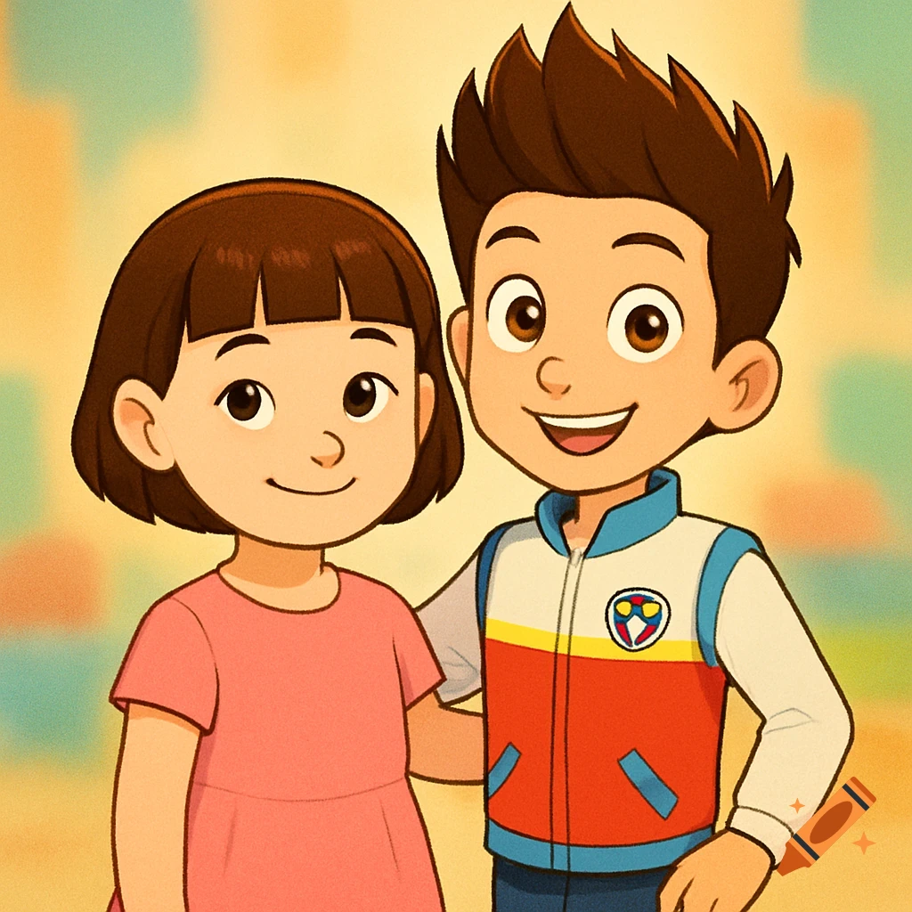 Cartoon image of a smiling boy in a red, white, blue, and yellow vest standing next to a smiling girl in a pink dress.