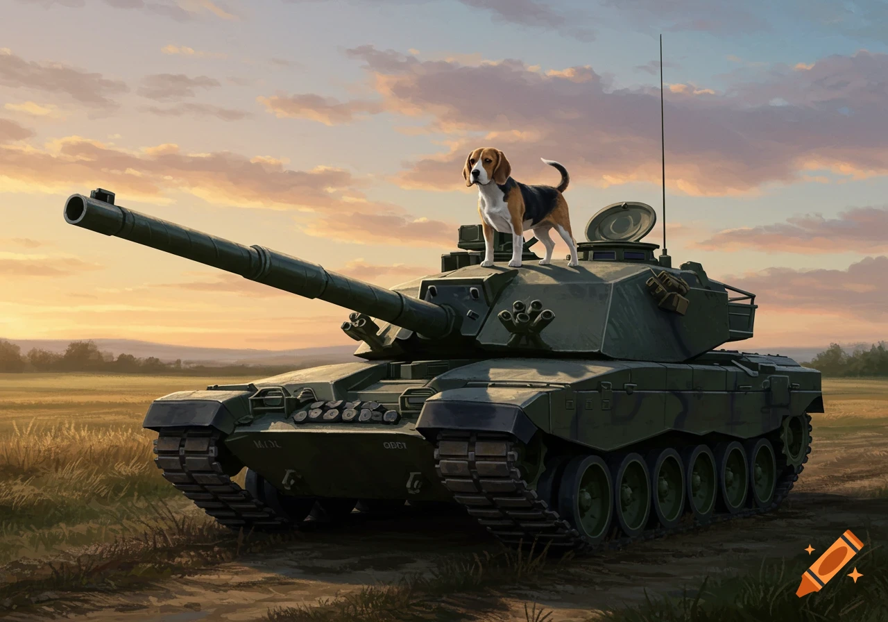 A beagle dog stands on top of a green military tank in a field at sunset, with a cloudy sky.