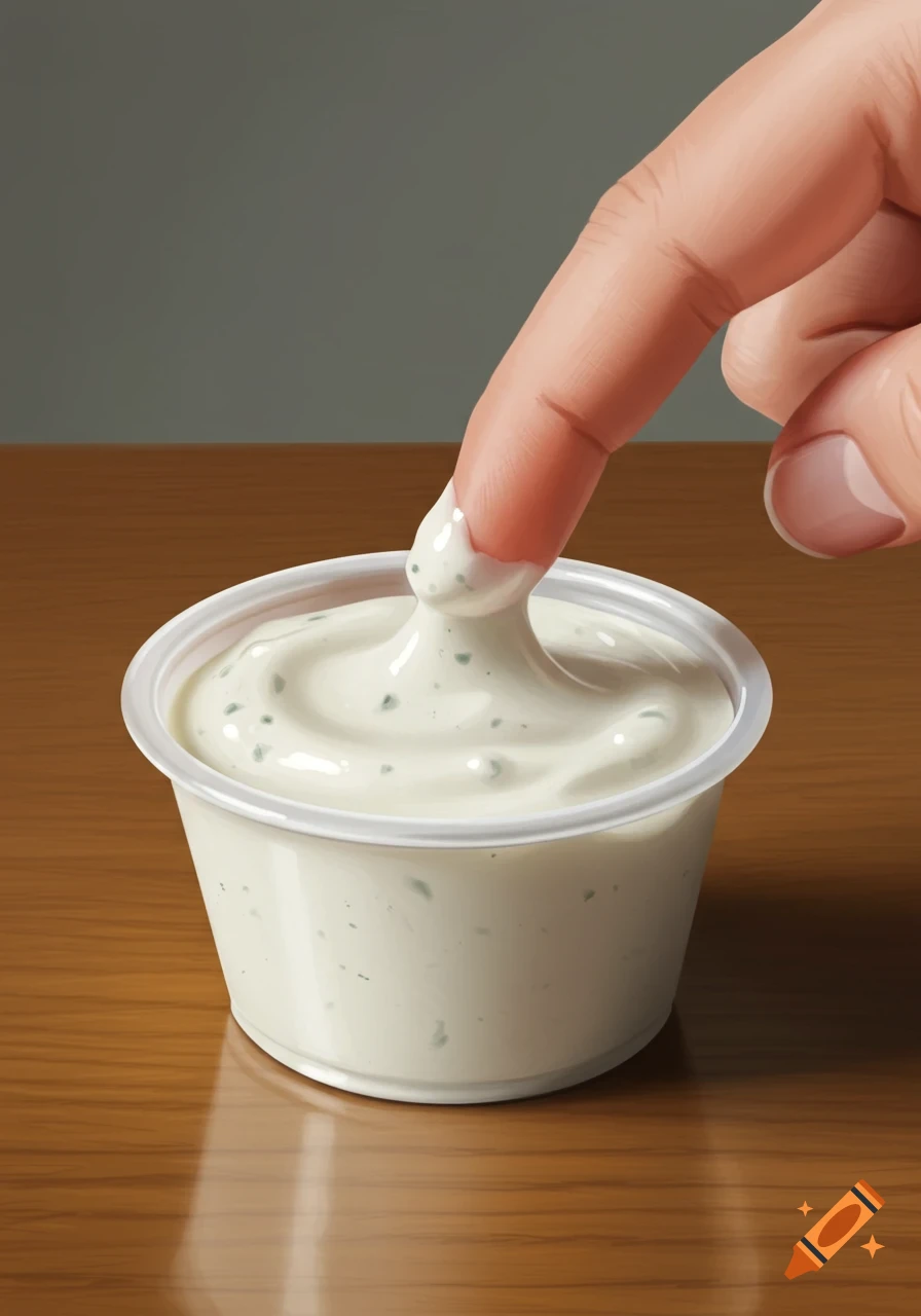 A person's finger dipping into a small plastic cup of ranch dressing, creating a thick, creamy drip.