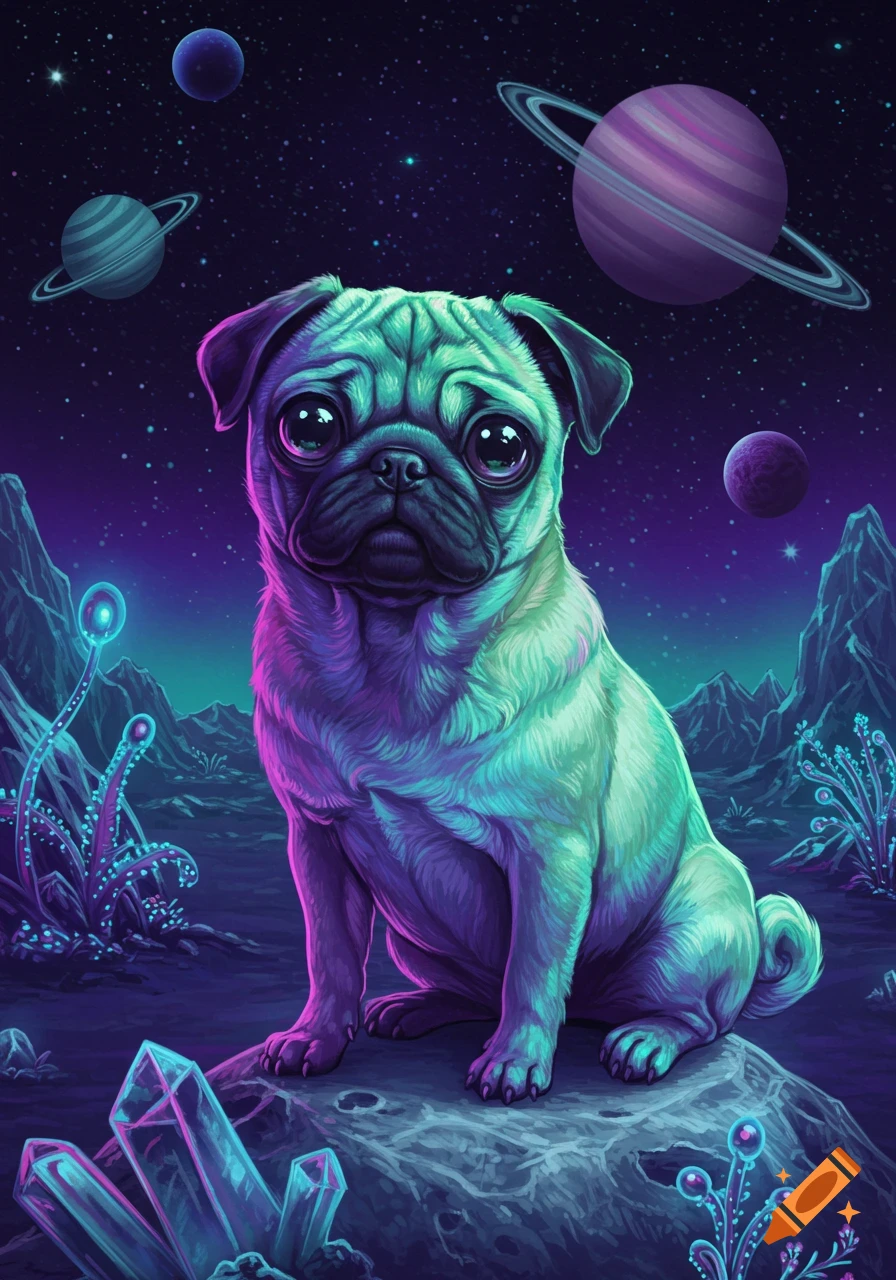 Vibrant neon pug with big eyes on an alien planet, surrounded by glowing plants, crystals, and planets in a starry sky.