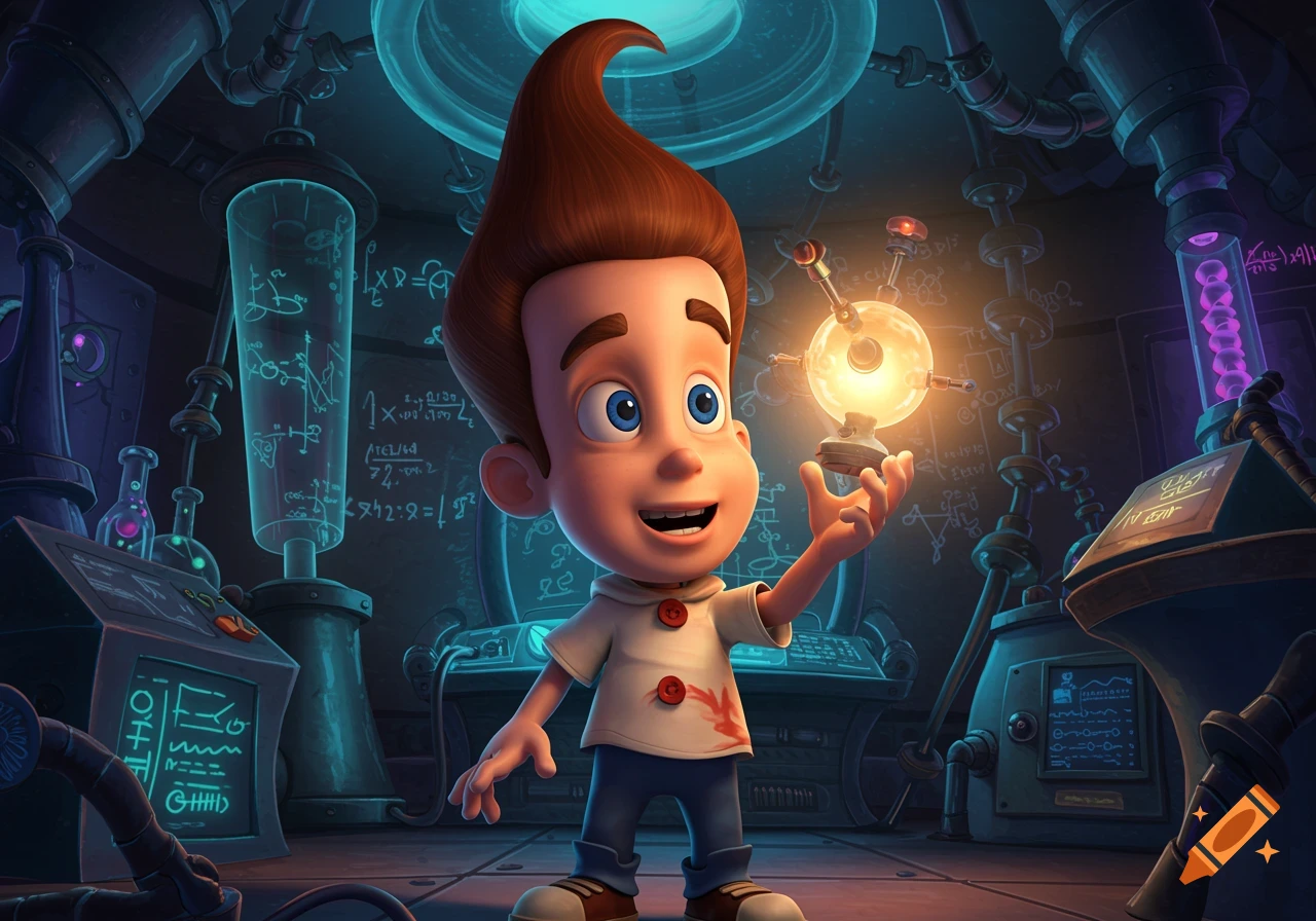 Animated Jimmy Neutron in a futuristic laboratory, holding a glowing scientific orb with a happy expression.