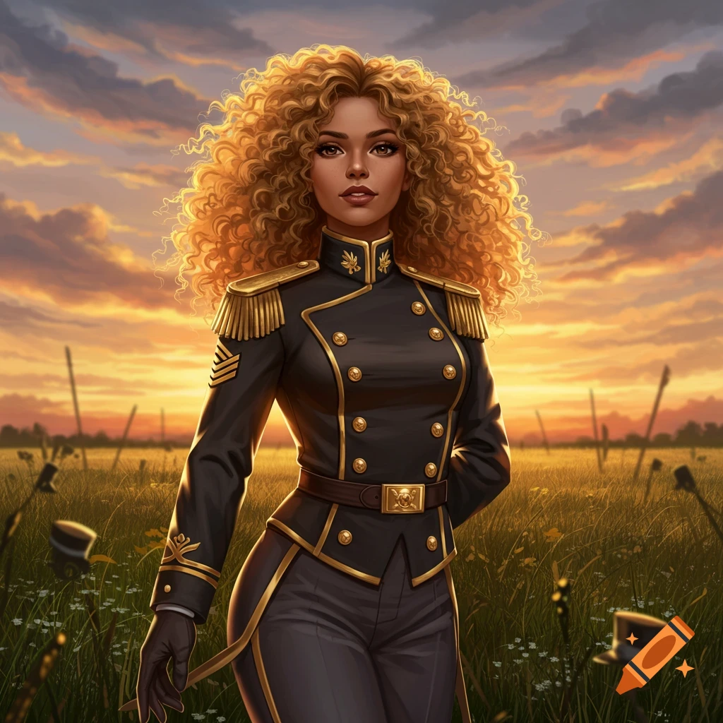 A woman with curly blonde hair and warm brown eyes stands in a black and gold military uniform in a field at sunset.
