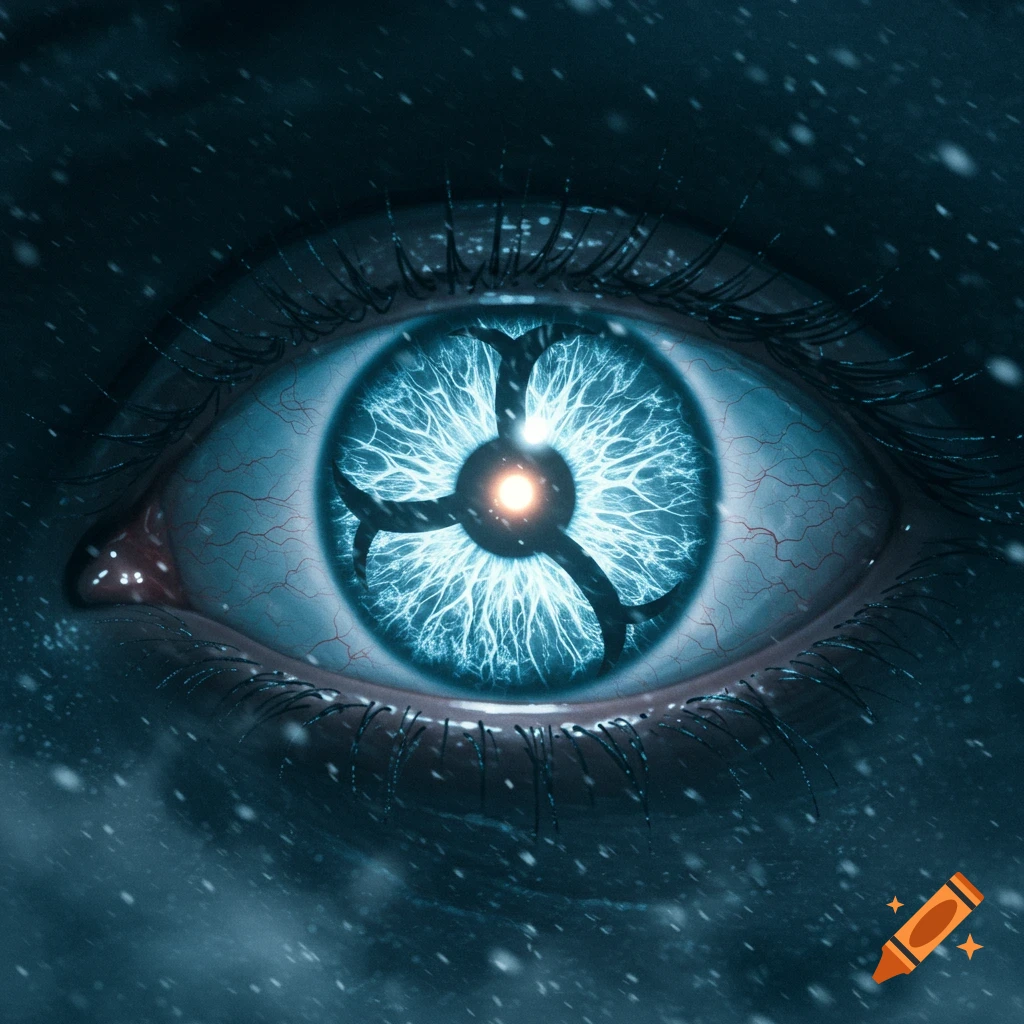 Close-up of a blue glowing eye with a black, three-bladed symbol in the iris, surrounded by lightning-like patterns, against a snowy dark background.