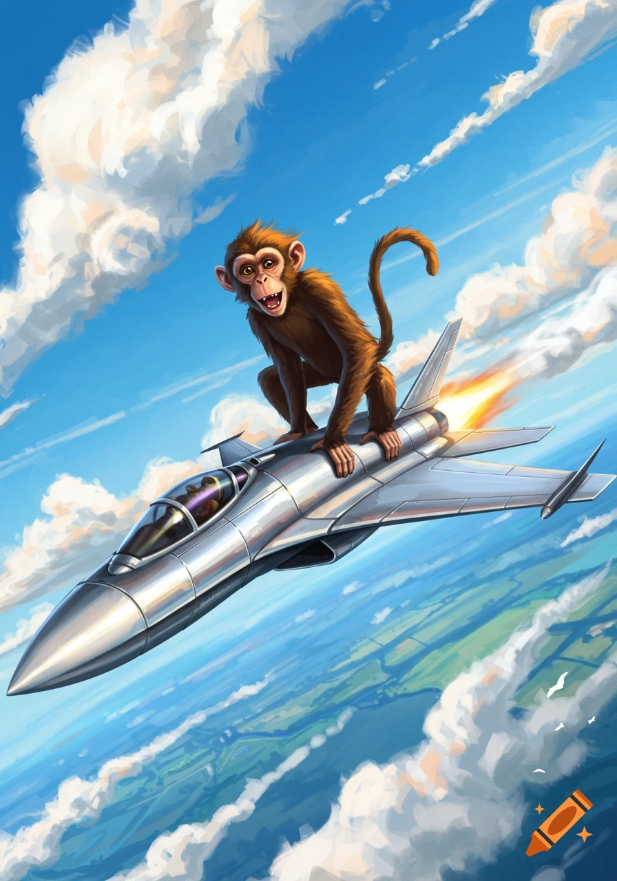 A cartoon monkey rides on top of a silver jet plane, flying through a bright blue sky above green fields.