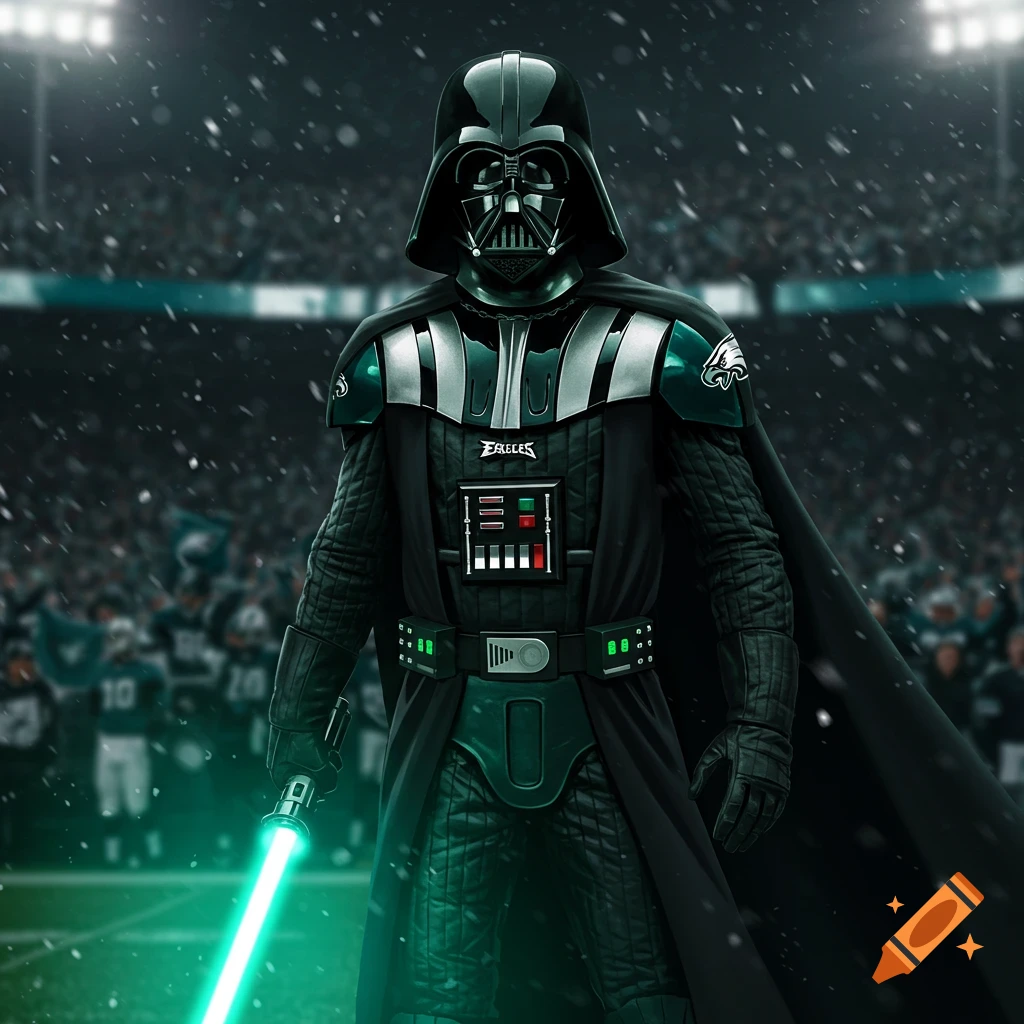 Photorealistic Darth Vader in green and black Philadelphia Eagles armor, holding a green lightsaber in a snowy football stadium.