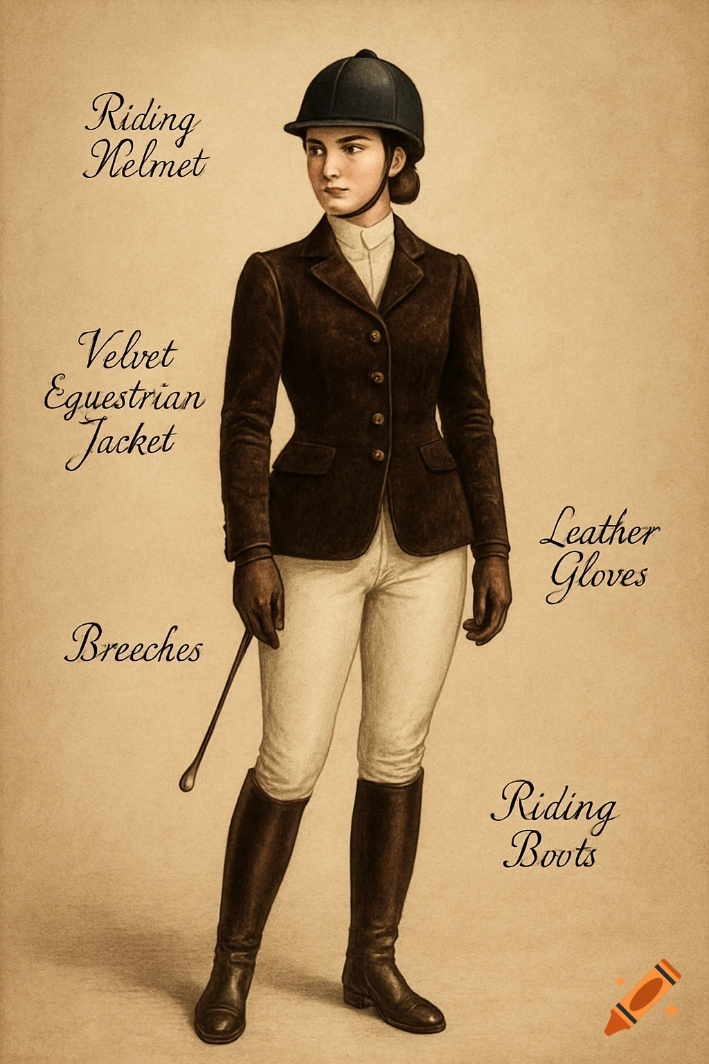Vintage illustration of a woman in an equestrian riding outfit, labeled with helmet, jacket, breeches, gloves, and boots.