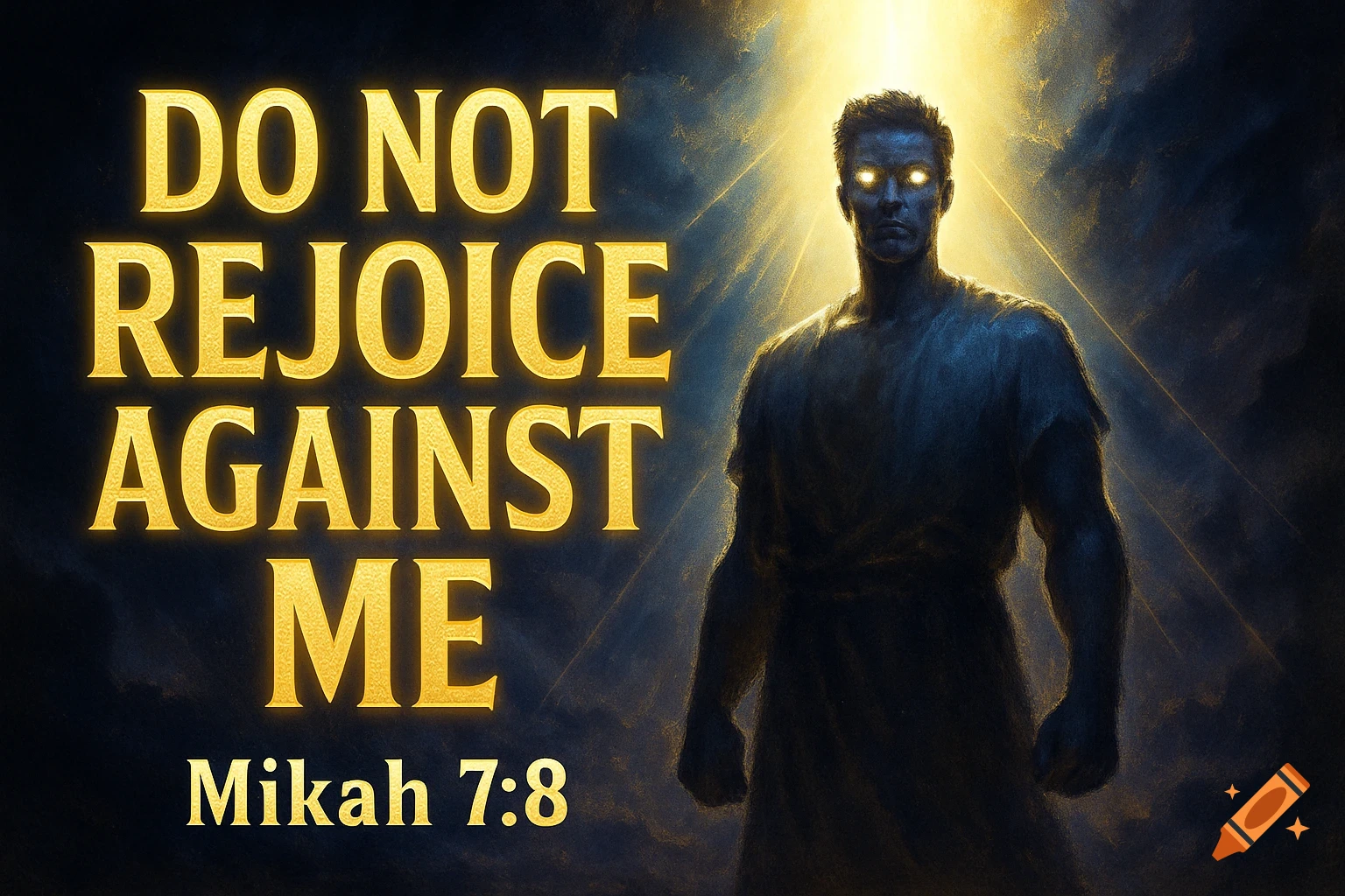 A glowing man with biblical text 'DO NOT REJOICE AGAINST ME Mikah 7:8' in a dramatic, dark setting.
