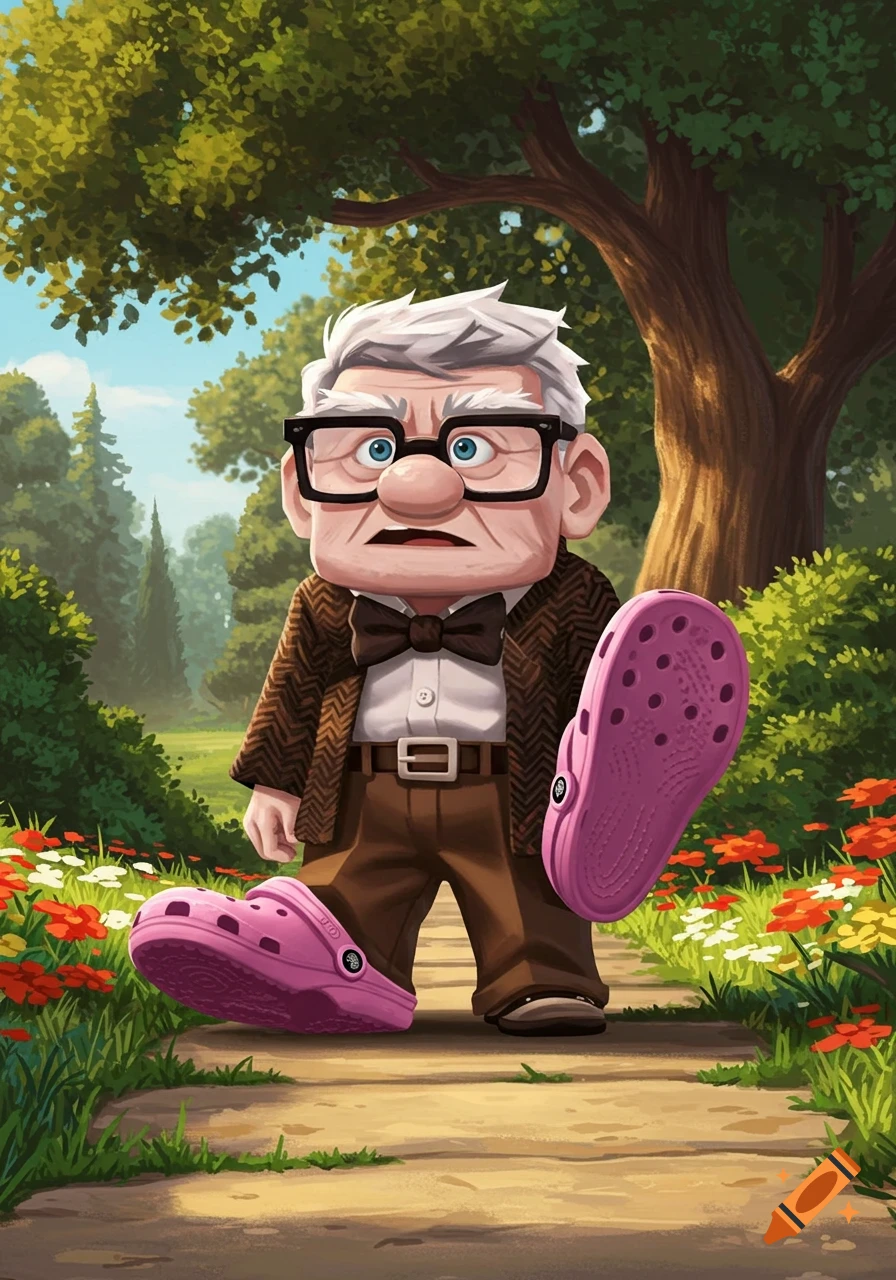 Cartoon Carl Fredricksen from Up stands on a path in a park, wearing large pink Crocs.