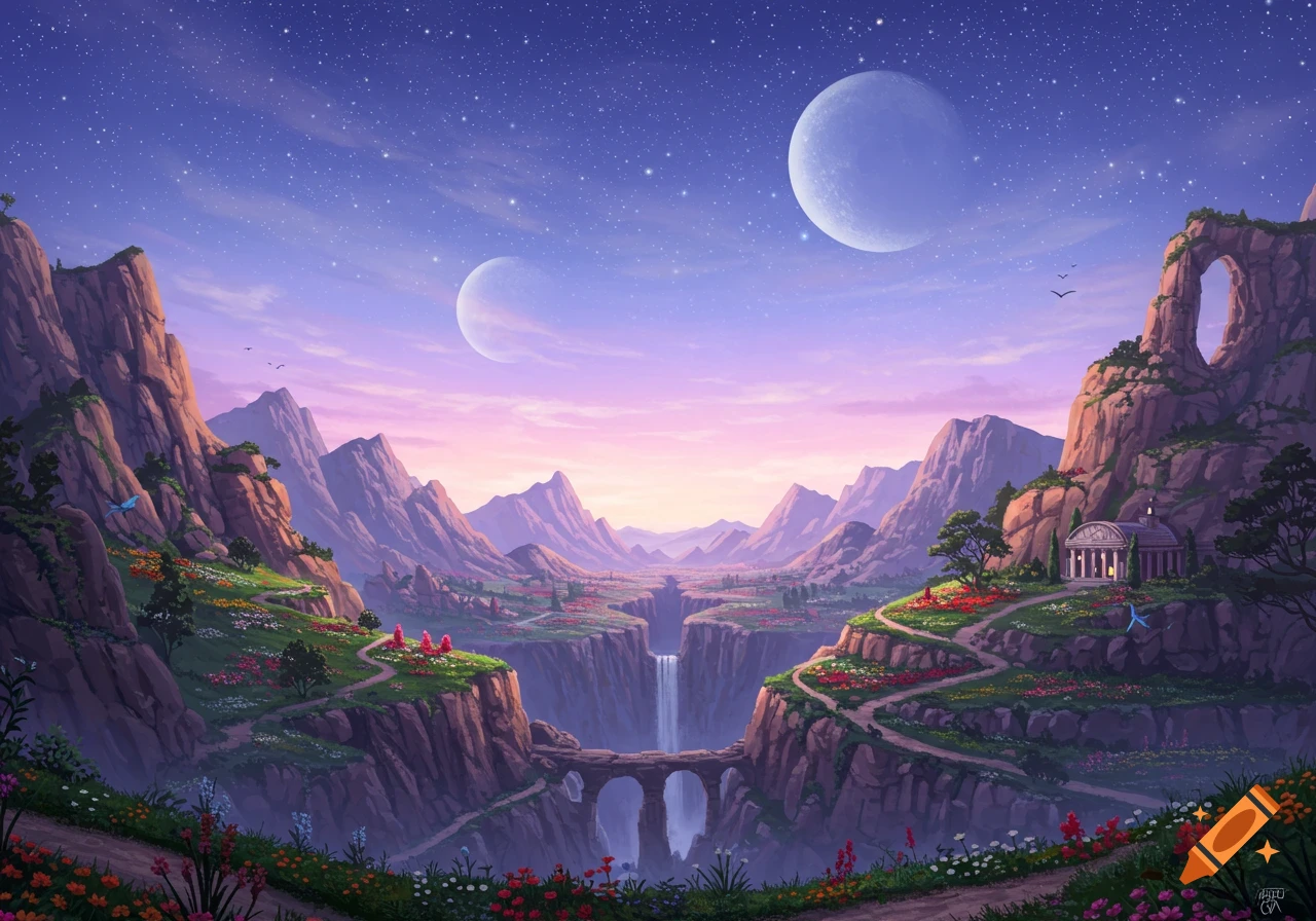 A vibrant fantasy landscape at dusk with two large moons, starry sky, mountains, a waterfall, ancient temple, and winding paths through flower gardens.