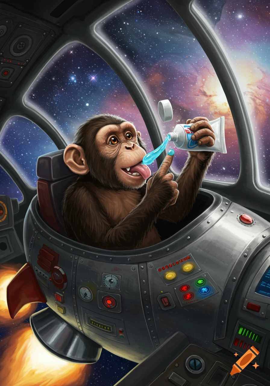 Whimsical illustration of a chimpanzee in a rocket in space, squeezing blue toothpaste onto its tongue and finger.