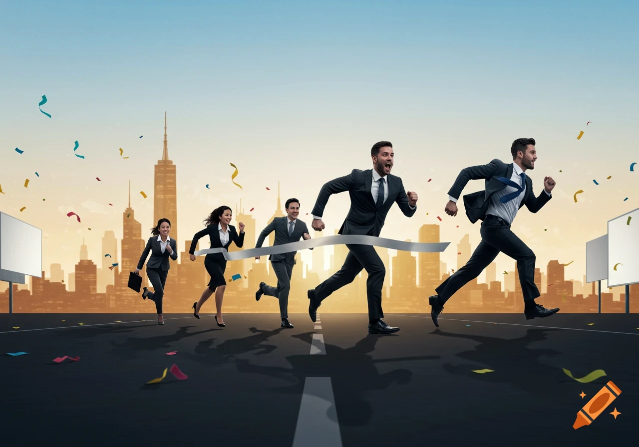 Photorealistic image of a diverse business team running and breaking the finish line on a city street with confetti.