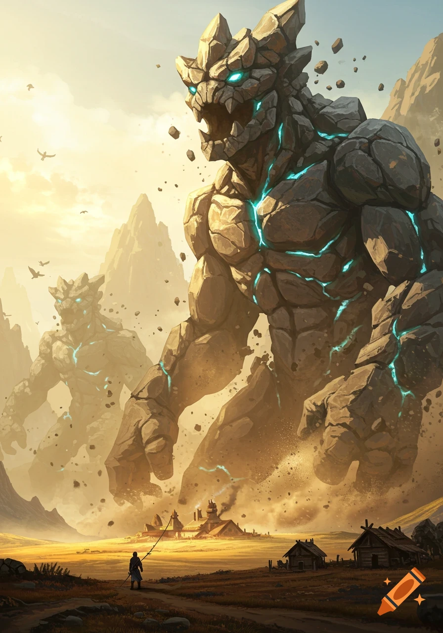 Two massive rock monsters with glowing blue cracks tower over a small village and a lone figure in a dusty, mountainous landscape.