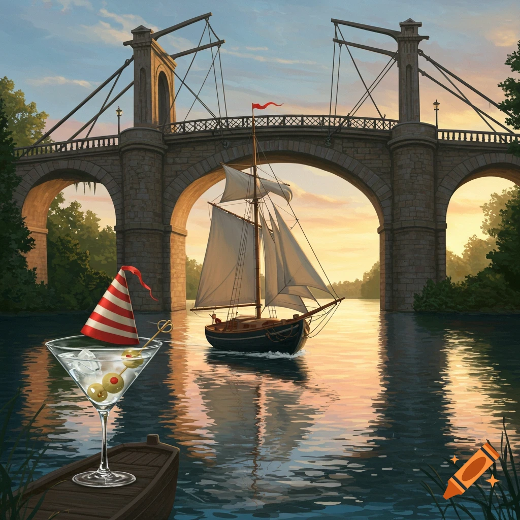 A stylized painting of a sailboat passing under an old stone bridge at sunset, with a martini glass wearing a party hat in the foreground.