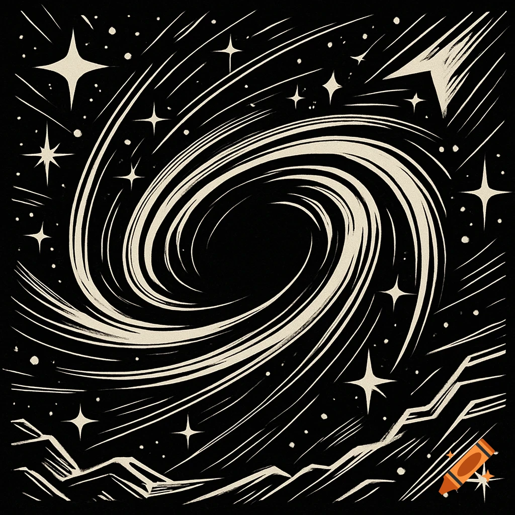 A retro black and white illustration of a swirling black hole surrounded by stars and streaking lines in space.