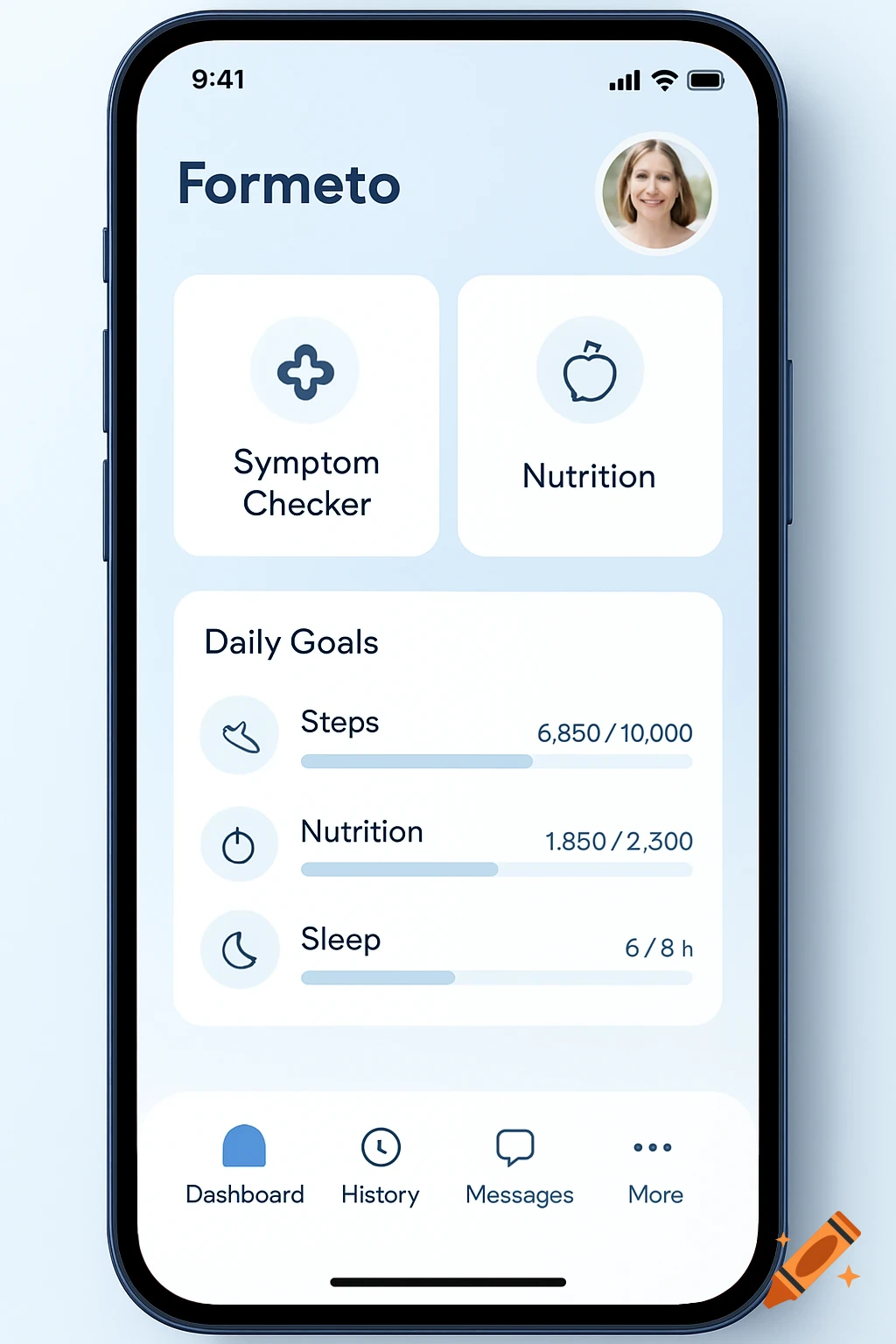A clean, modern health app dashboard on a smartphone displaying daily goals, health metrics, and sections for symptom checking and nutrition.
