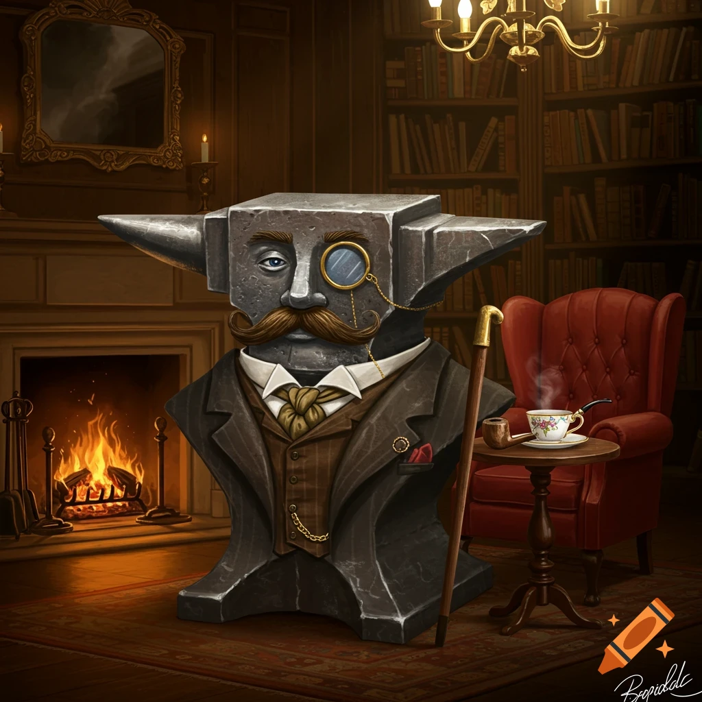 A whimsical illustration of an anvil bust dressed as a gentleman with a monocle, mustache, and suit, in a cozy library.