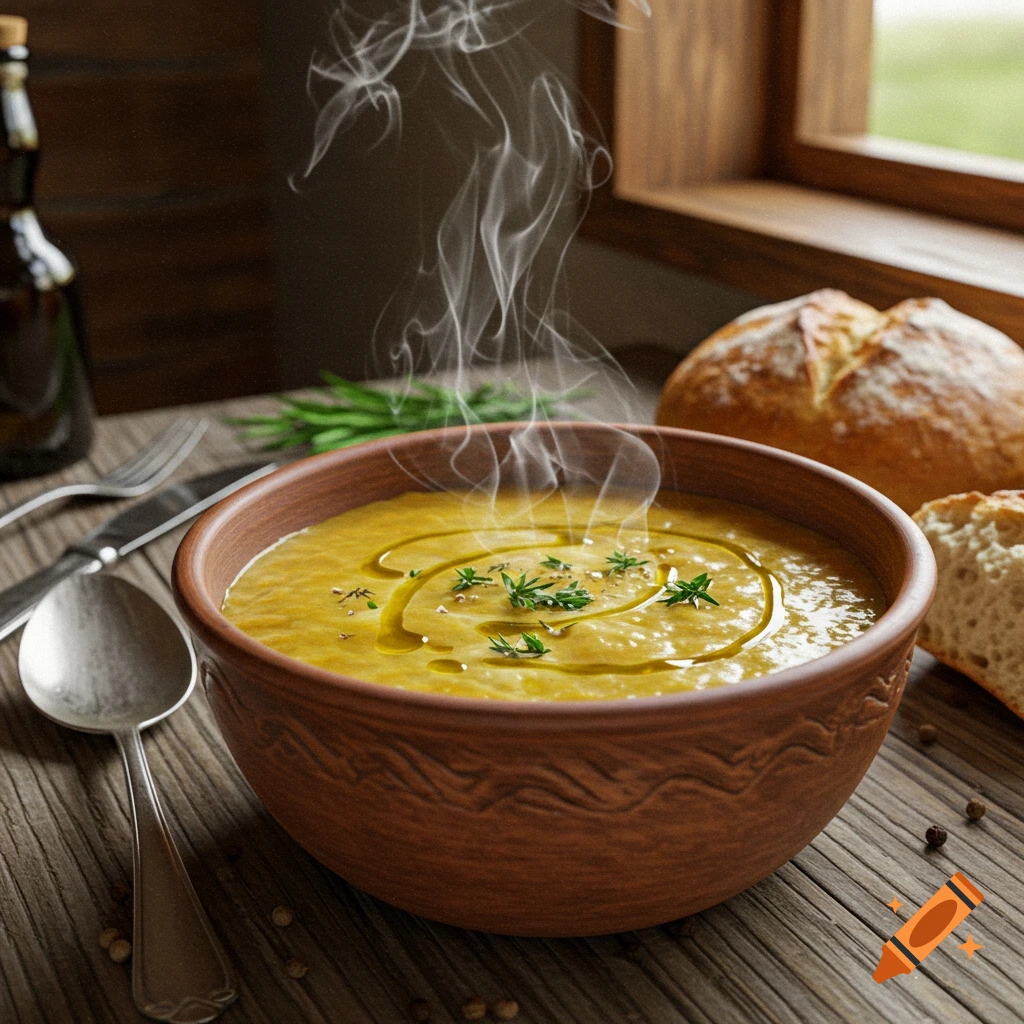 A steaming bowl of yellow soup with olive oil and herbs, served with crusty bread and cutlery on a rustic wooden table by a window.