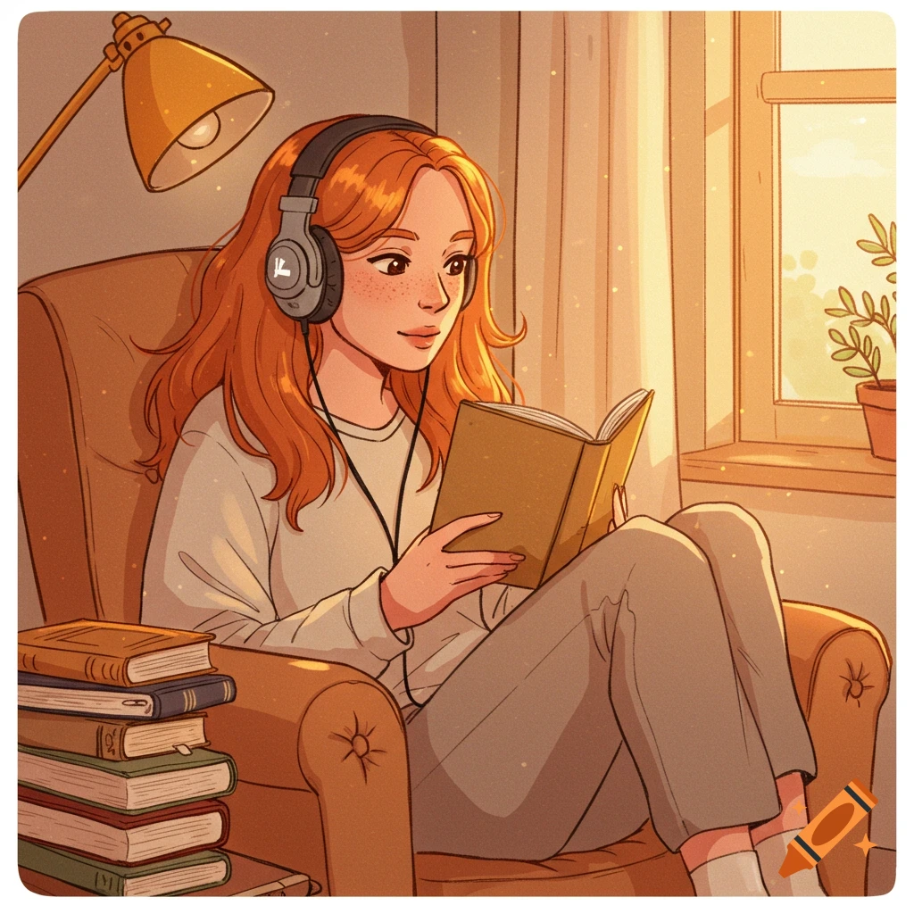 Hand-drawn illustration of a ginger-haired woman wearing headphones, reading a book in a cozy, sunlit armchair.