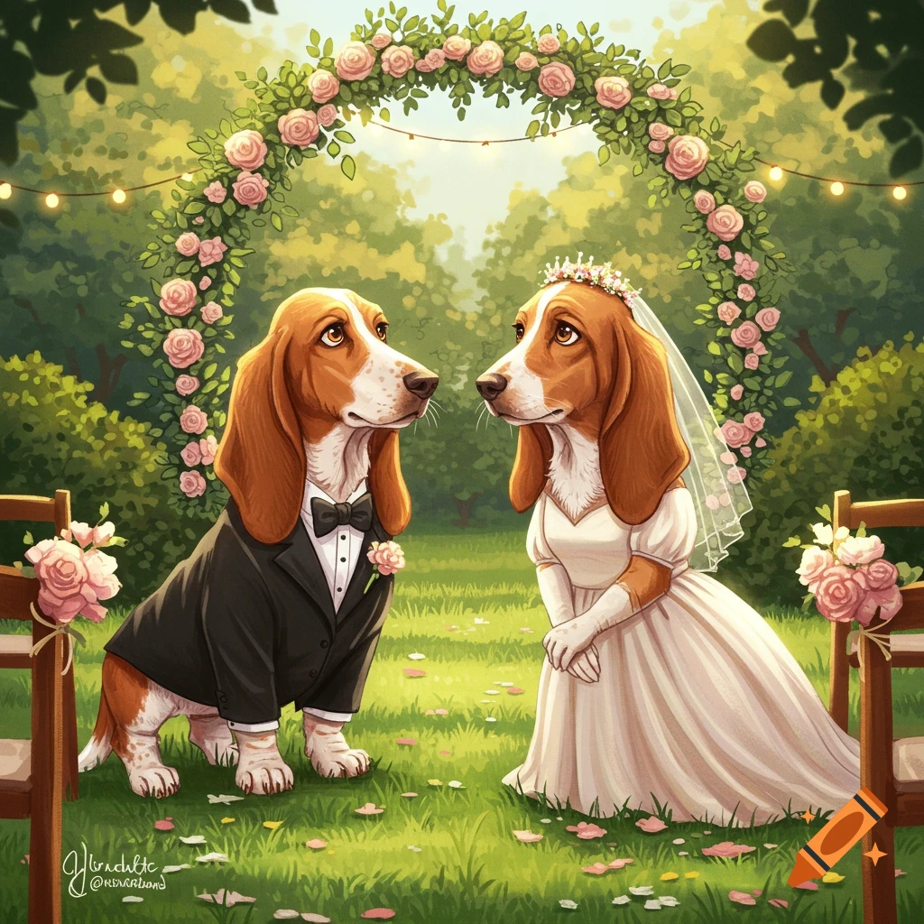 Illustrated basset hound bride and groom getting married under a rose arch in a sunny garden.