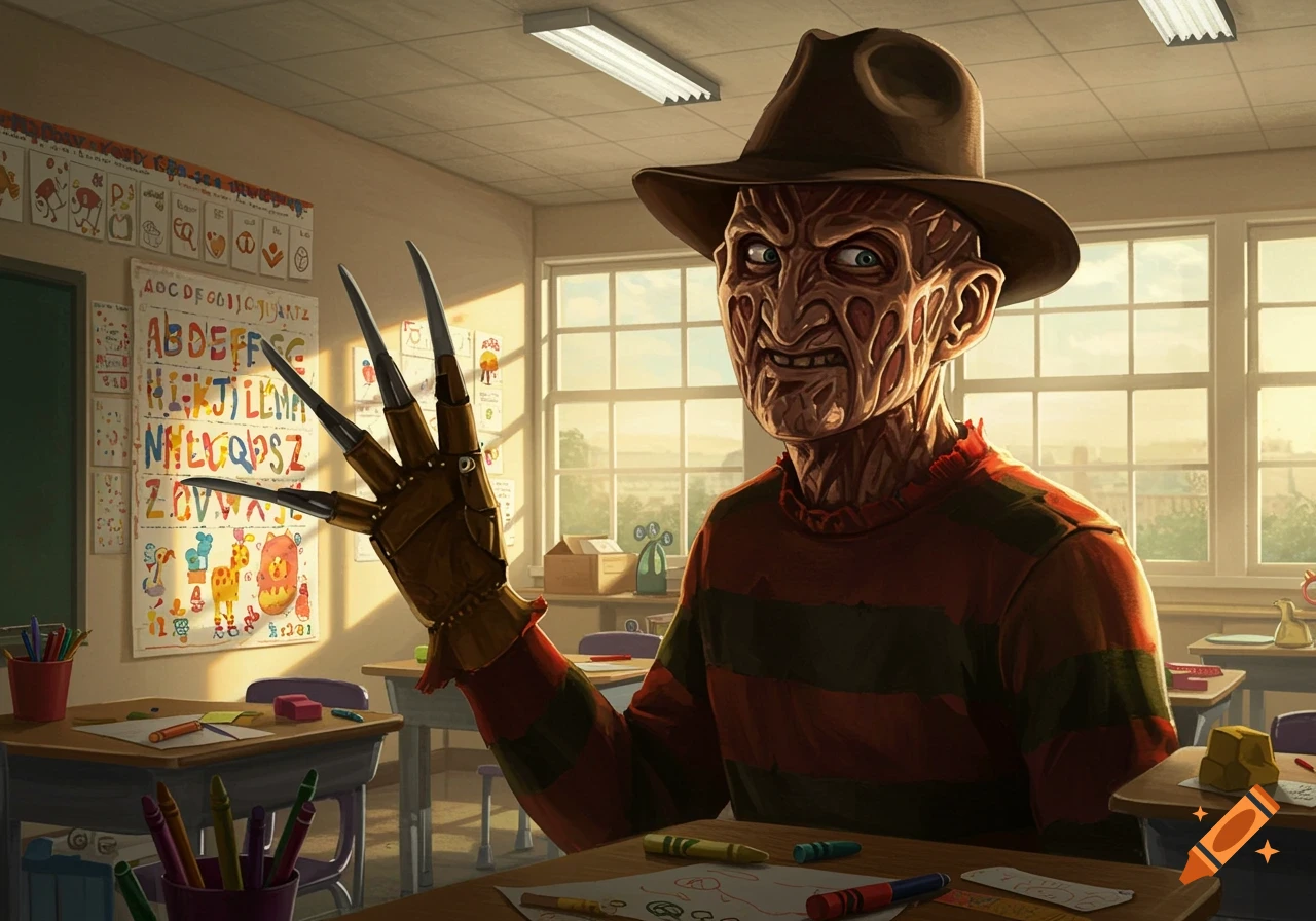 A cartoonish Freddy Krueger with his clawed glove stands in a brightly lit second-grade classroom filled with colorful decorations.