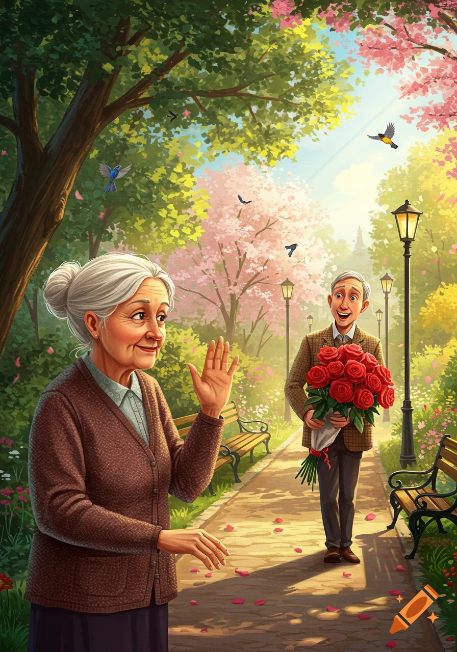 An elderly woman waves at an elderly man holding a bouquet of red roses in a sunny, blooming park. Illustrated style.
