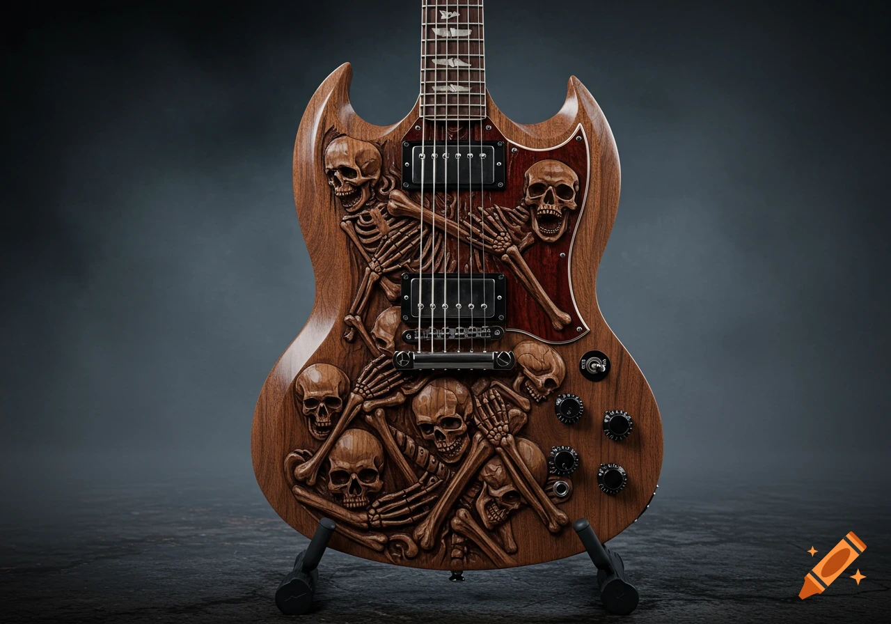 A detailed, hand-carved walnut wood electric guitar, styled like a Gibson SG, with intricate relief carvings of skulls and skeletons covering its body.
