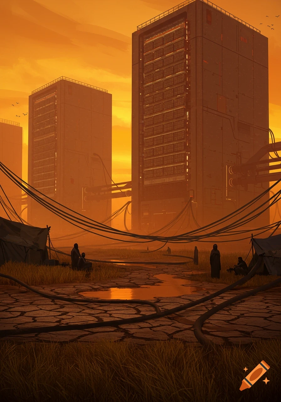 Dystopian landscape with unhoused people, tents, and dry earth under an orange sky, dominated by huge data centers.