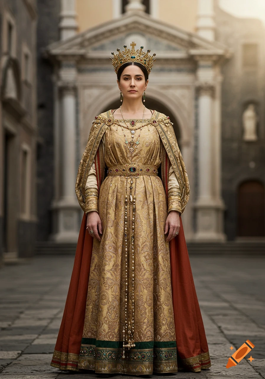 Photorealistic portrait of a woman in an ornate golden gown, red cape, and jeweled crown, standing before a stone building.