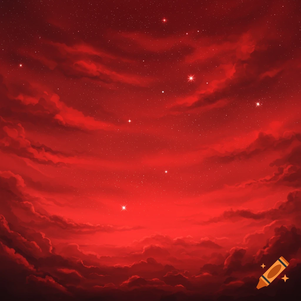 A vivid red sky filled with swirling clouds and countless sparkling stars, creating an ethereal and dramatic cosmic scene.