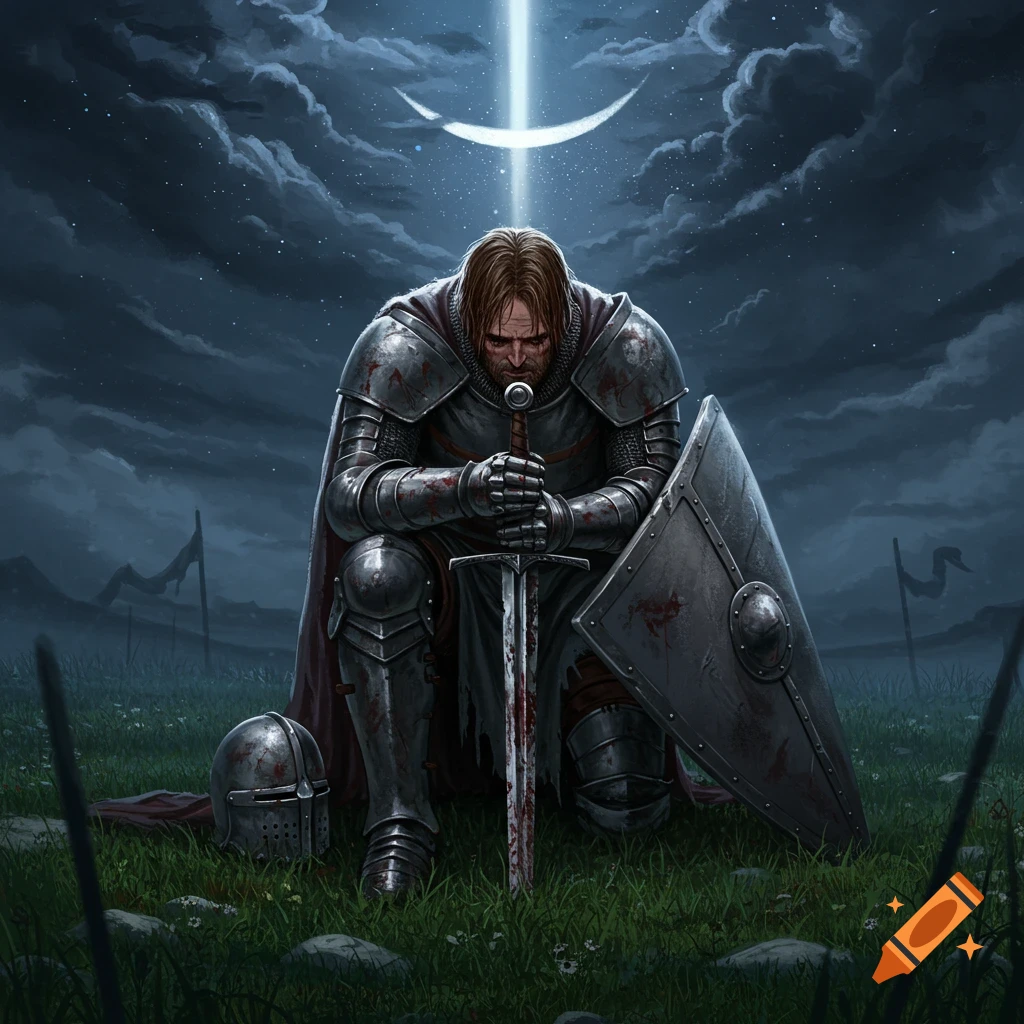 An exhausted, blood-stained knight kneels on a grassy battlefield at night, holding a bloody sword. A ray of moonlight illuminates him.