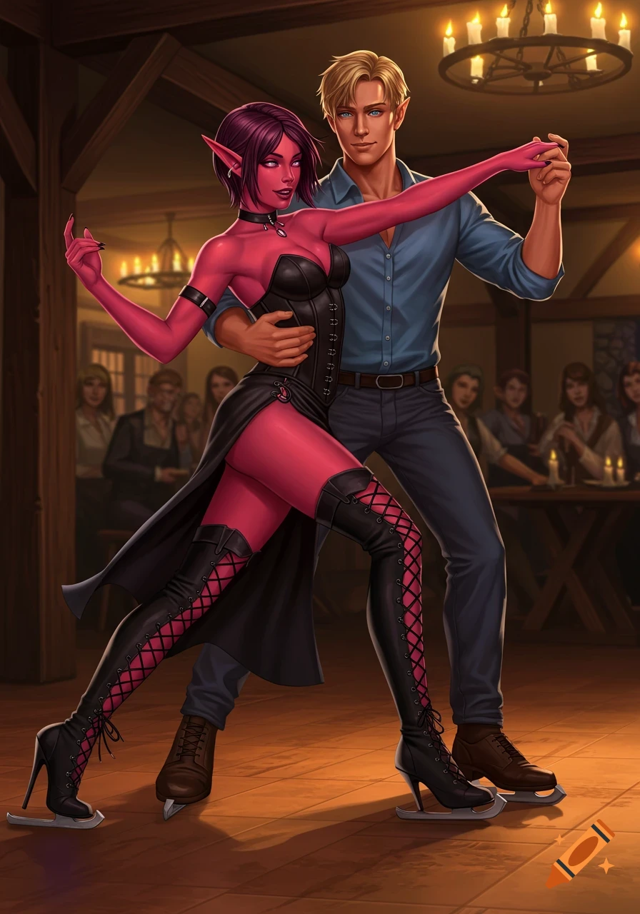 A red-skinned female elf in a black corset and boots skate dancing with a blonde man in a blue shirt on a wooden tavern dance floor.