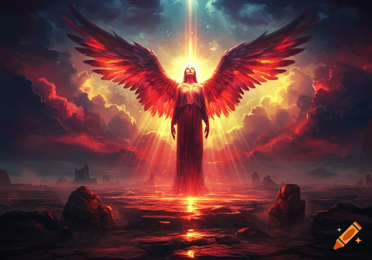 A majestic angel with large, glowing red wings stands in a fiery, dramatic landscape under a radiant sky, digital painting.