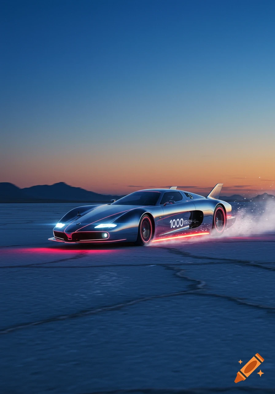 A futuristic silver car with red neon lights speeds across a flat desert at sunset, leaving a dust trail. The car has '1000 mph' on its side.