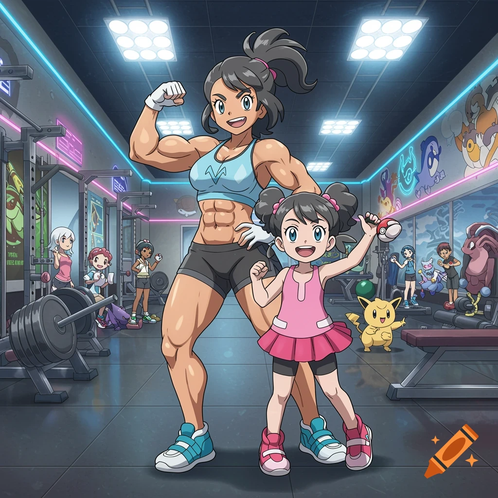 A muscular woman flexing with a child and Pikachu at a gym, in an anime style.