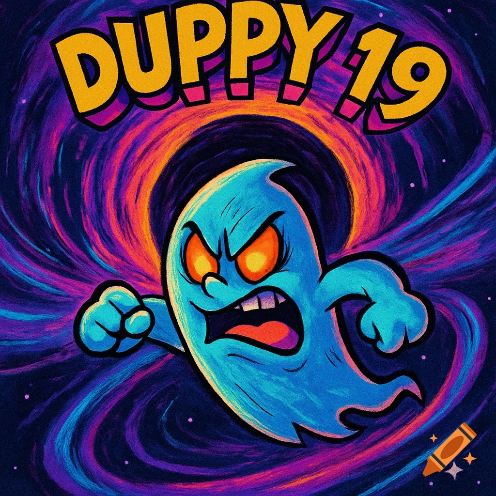 Cartoon sketch of an angry blue ghost flying through a vibrant, swirling black hole with "DUPPY 19" text.