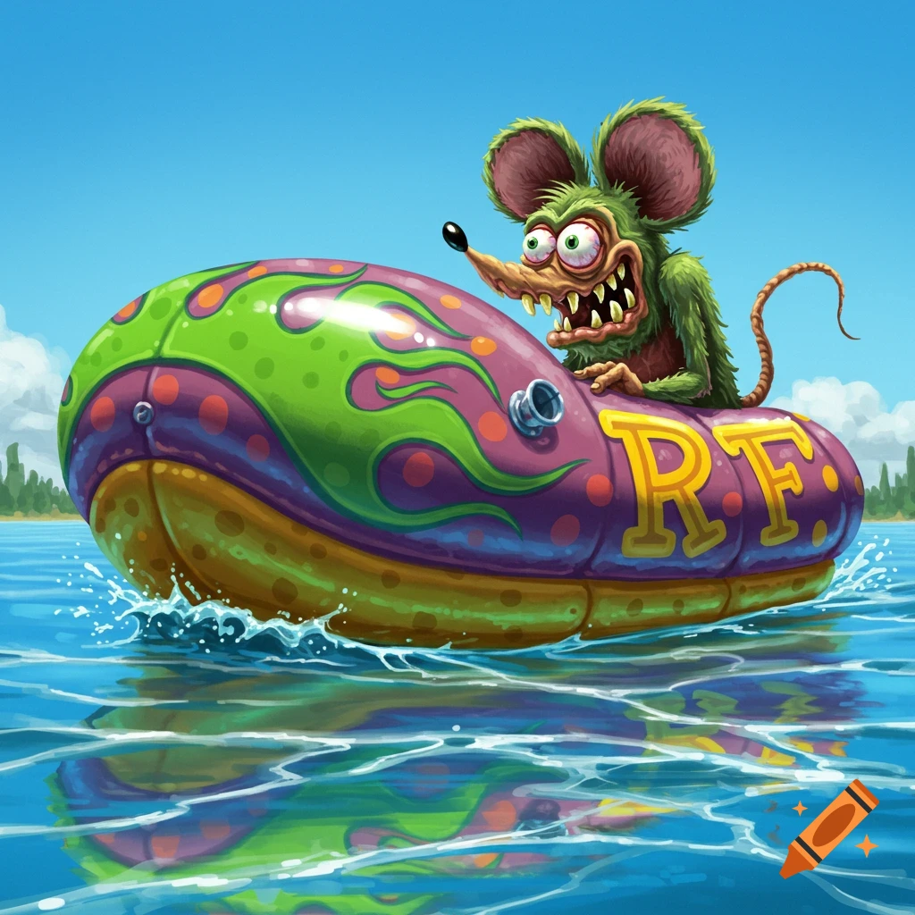 A grotesque green Rat Fink character with bulging eyes and sharp teeth rides a colorful inflatable raft on blue water.