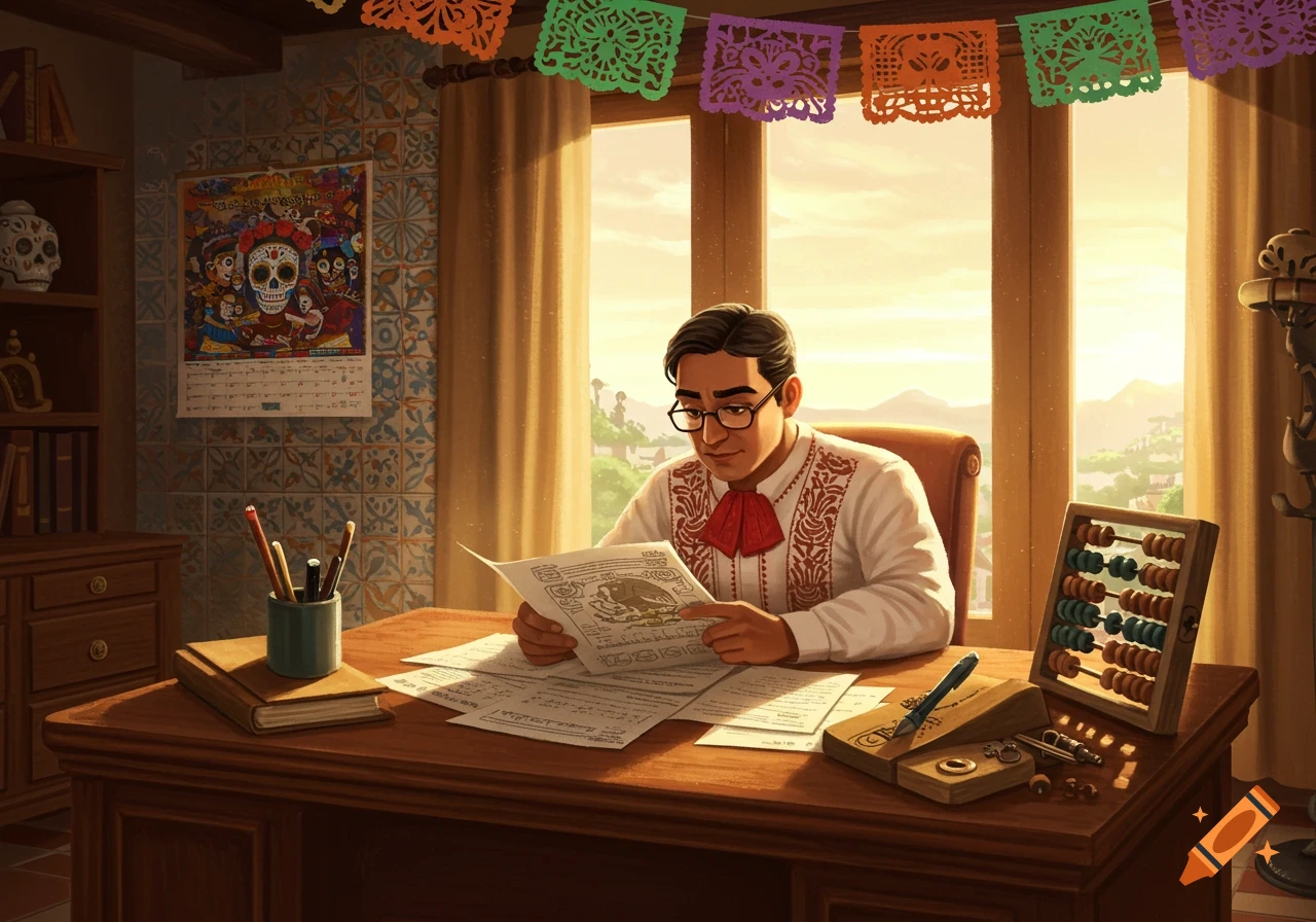 A man wearing glasses and a traditional embroidered shirt sits at a wooden desk, reading papers. Colorful papel picado hangs above a window looking out to a bright landscape. An abacus and pens are on the desk.