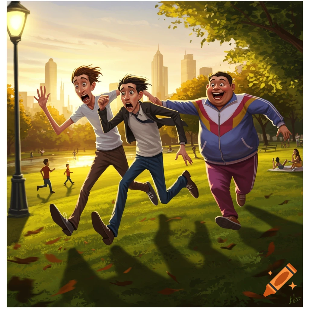 Three cartoon men, two skinny and scared, one fat and laughing, run through a park at sunset with a city skyline in the background.