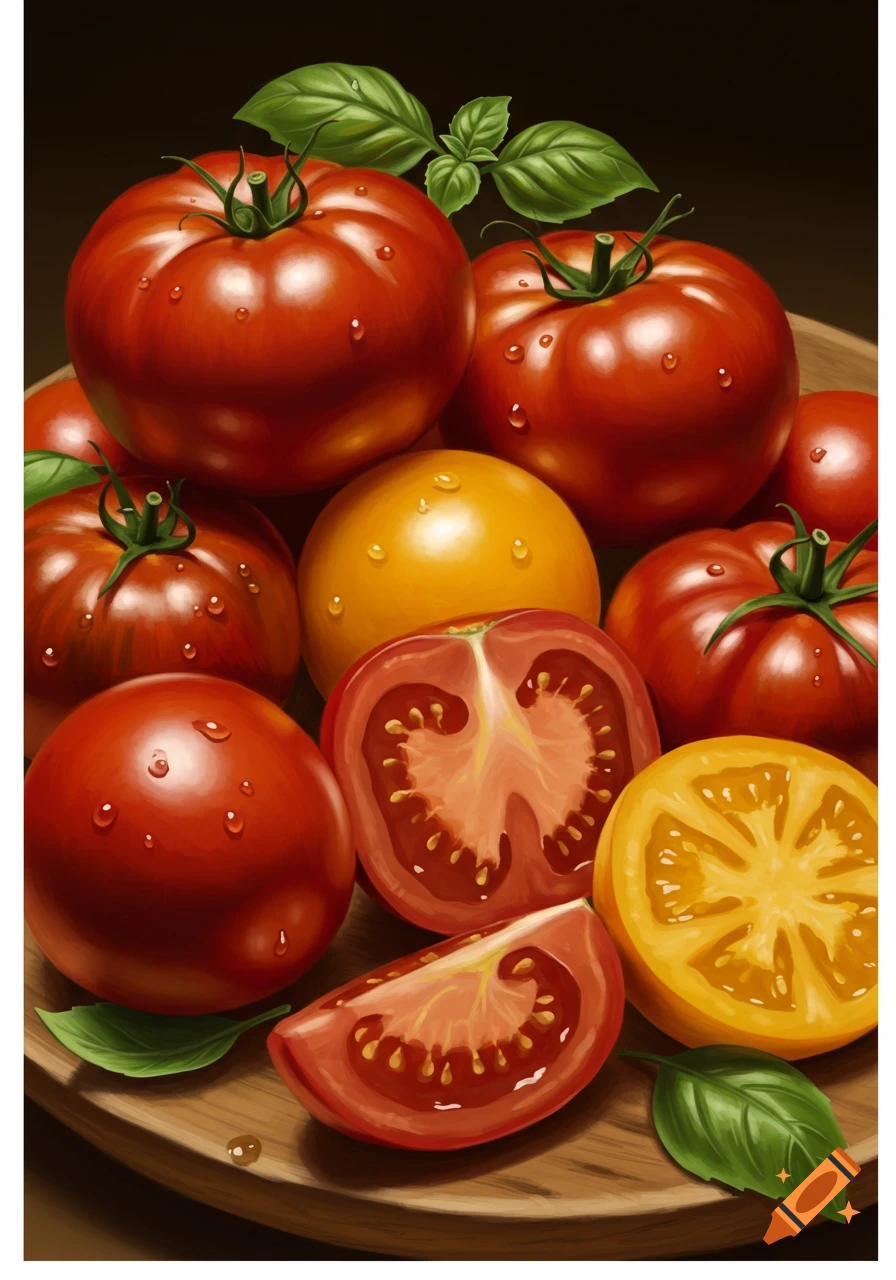 Assortment of red and yellow tomatoes, some whole and some sliced, with water droplets and fresh basil leaves on a wooden surface.